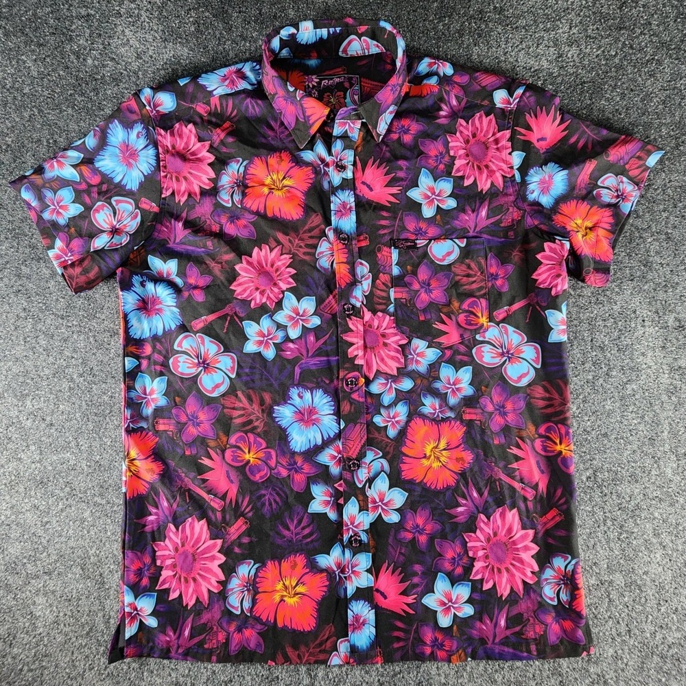 Retro Rifle Tropical Fields Floral Gun Print Stretch Button Down Shirt Mens L